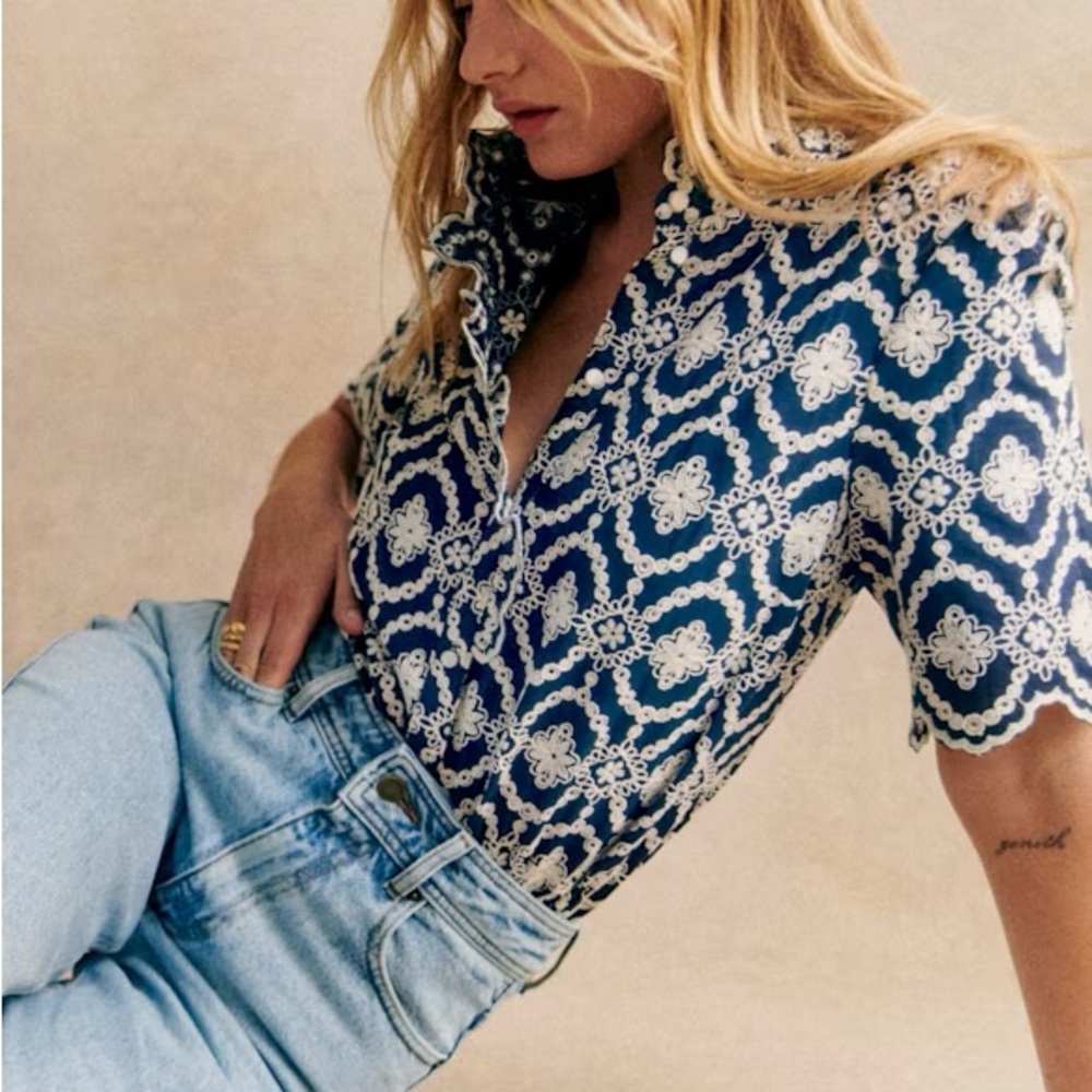 Sezane Navy & White Embroidered Button-Down Shirt